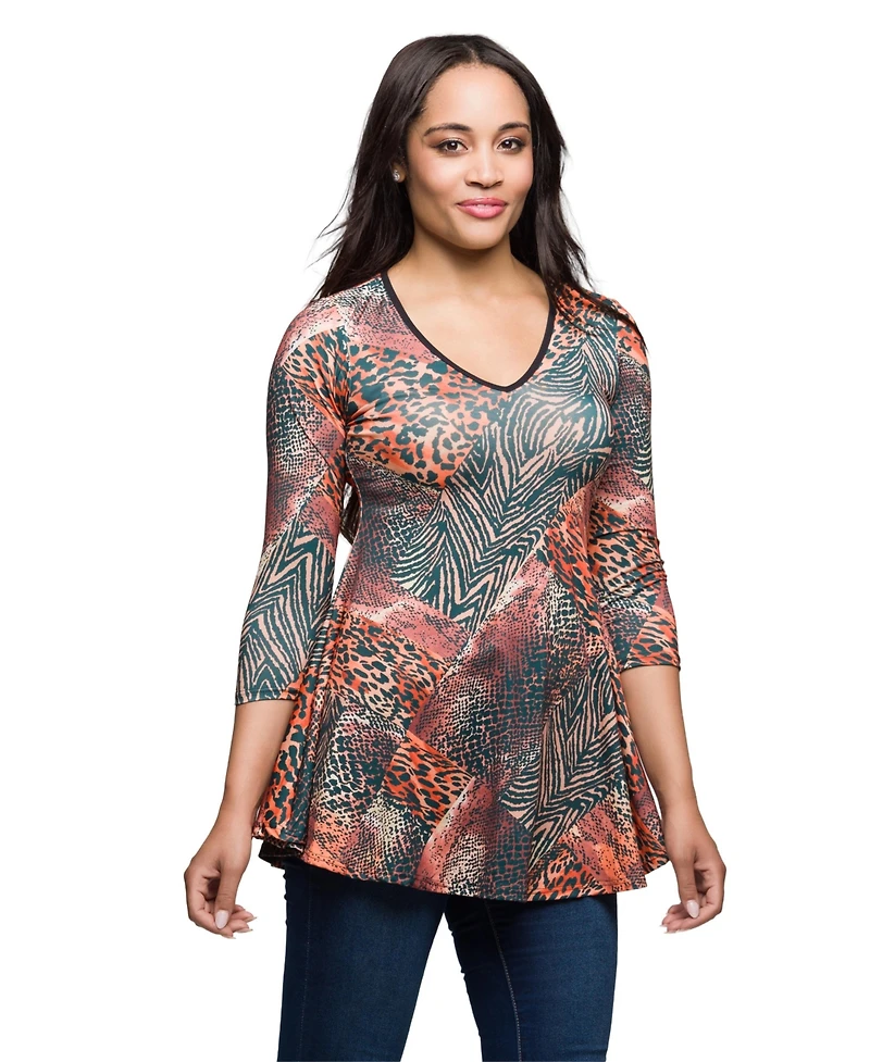 24seven Comfort Apparel Women's Animal Print V Neck Three Quarter Sleeve Tunic Top