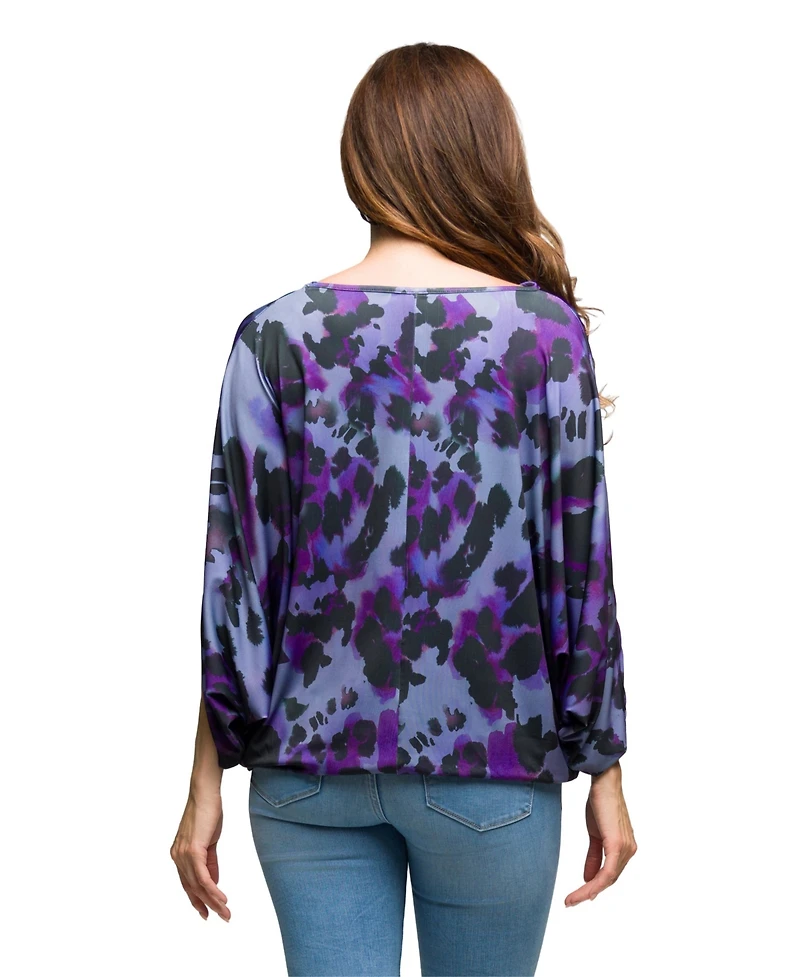 24seven Comfort Apparel Women's Purple Animal Print Boat Neck Dolman Sleeve Top