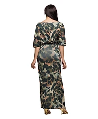 24seven Comfort Apparel Women's Green Abstract Print Batwing Sleeve Maxi Dress