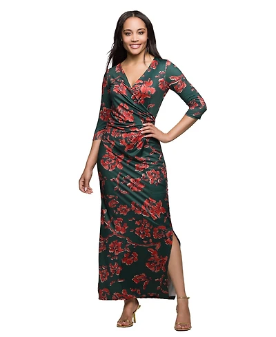 24seven Comfort Apparel Women's Green Floral Print Three Quarter Sleeve Dress