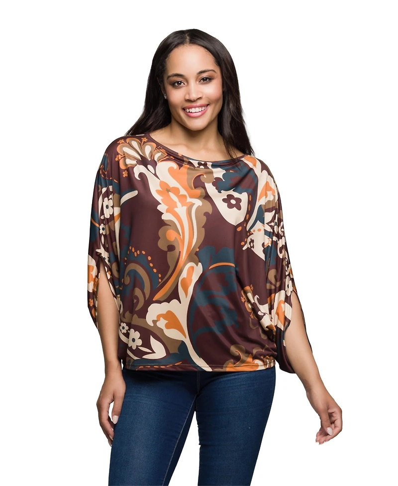 24seven Comfort Apparel Women's Brown Paisley Print Dolman Sleeve Top