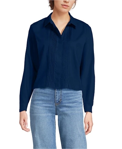 Lands' End Women's Boxy Cropped No Iron Pintuck Shirt