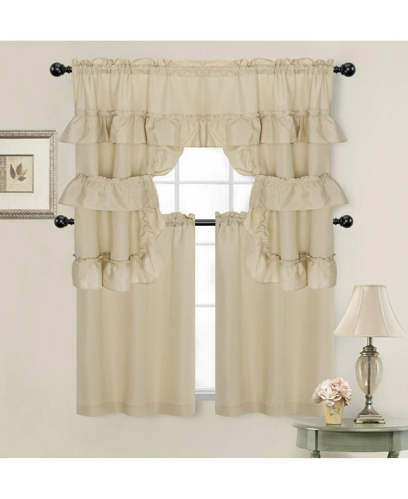 Kate Aurora Country Farmhouse Living Solid Colored Cafe Kitchen Curtain Tier & Swag Valance Set - 56 in. W x 36 L, Linen Taupe