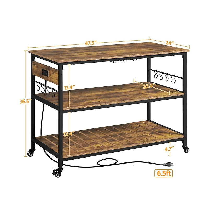 Yaheetech 36” H Rolling Kitchen Island Cart with Charge Station Rustic Brown