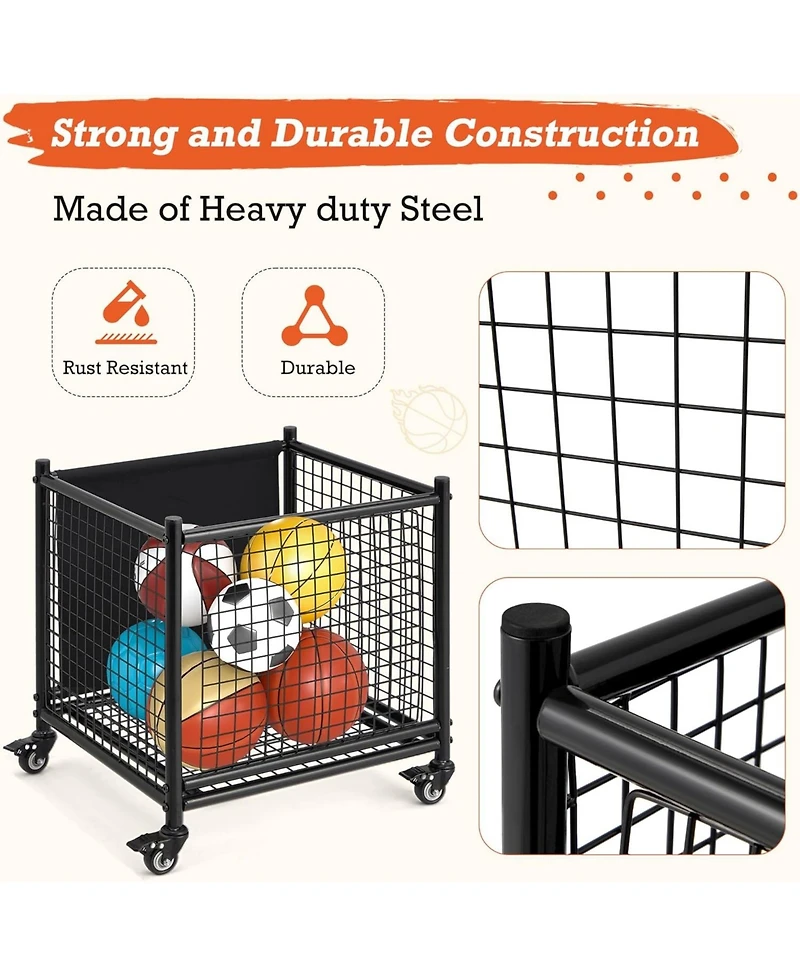 Aecojoy Ball Cart Storage, Rolling Basketball Bin with Wheels for Garage, School, Gym, Sports Equipment and Toy Organizer,Medium