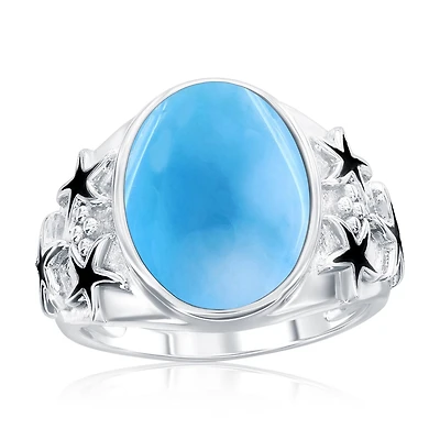Caribbean Treasures Sterling Silver, Oval Larimar, Oxidized Starfish Ring