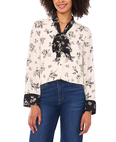 CeCe Women's Floral Bow-Tie V-Neck Button-Up Long Cuff-Sleeve Blouse