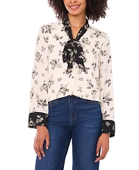 CeCe Women's Floral Bow-Tie V-Neck Button-Up Long Cuff-Sleeve Blouse