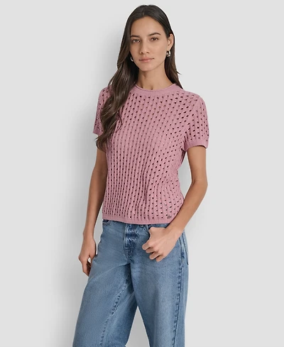 Dkny Jeans Petite Open-Stitch Crewneck Sweater