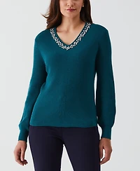 Ella Rafaella Petite Embellished V-Neck Long Sleeve Sweater
