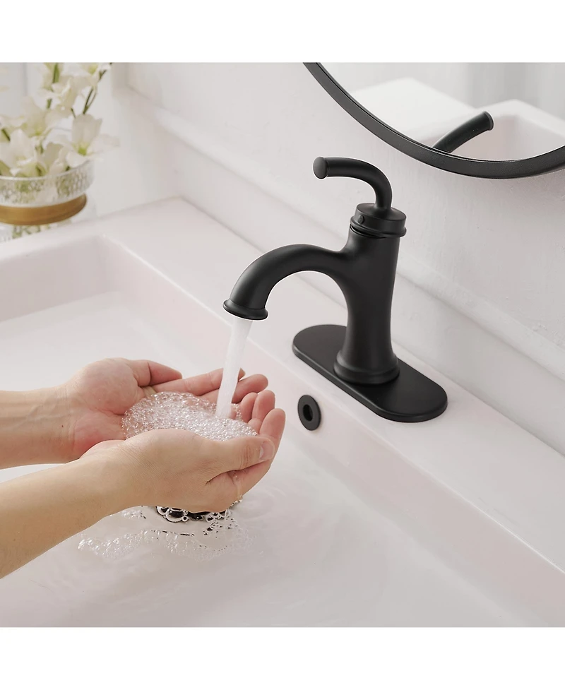 Greenspring Single Handle Bathroom Faucet For One Hole with 3 Holes Deck Plate and Metal Drain In Matte Black