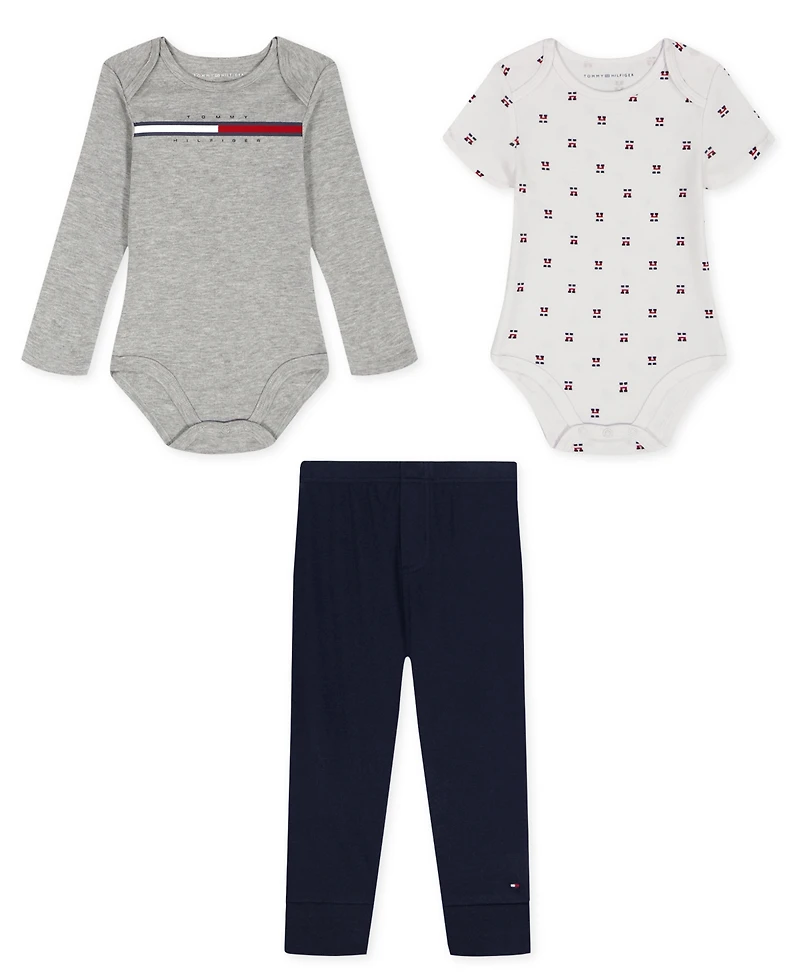 Tommy Hilfiger Baby Boys 3-Piece Long Sleeve Bodysuit, Short Bodysuit and Joggers Set