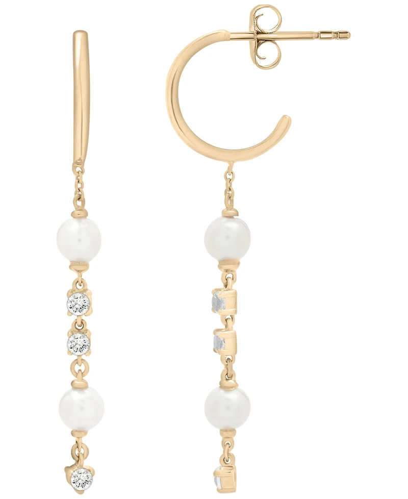 Macy's Cultured Freshwater Pearl (4mm) and Lab Grown White Sapphire (1/3 ct. t.w.) Drop Earrings in 14k Yellow Gold Over Sterling Silver