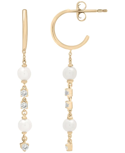 Macy's Cultured Freshwater Pearl (4mm) and Lab Grown White Sapphire (1/3 ct. t.w.) Drop Earrings in 14k Yellow Gold Over Sterling Silver