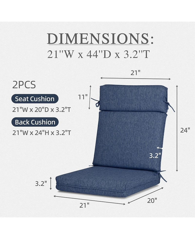 Aoodor Outdoor High Back Dining Chair Cushion with Ties and Zipper, 44"x21"x3.2