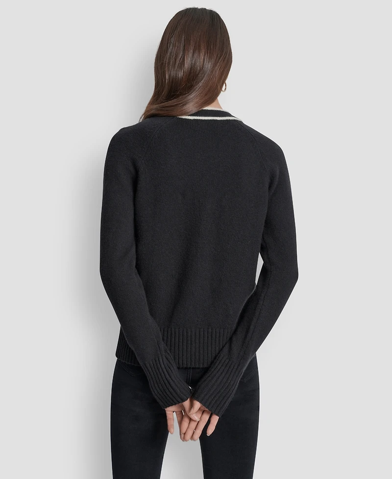 Dkny Jeans Women's Long Sleeve Tipped V-Neck Cardigan Sweater
