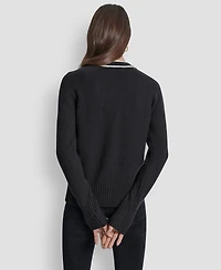 Dkny Jeans Women's Long Sleeve Tipped V-Neck Cardigan Sweater