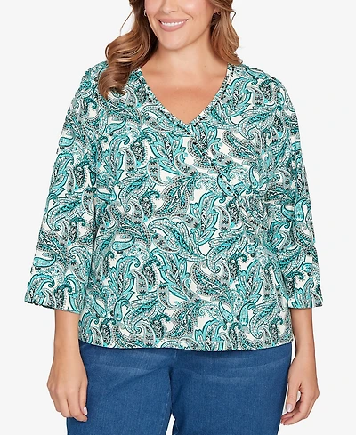 Hearts Of Palm Plus Printed 3/4 Sleeve Surplice Neck Top