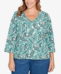 Hearts Of Palm Plus Printed 3/4 Sleeve Surplice Neck Top
