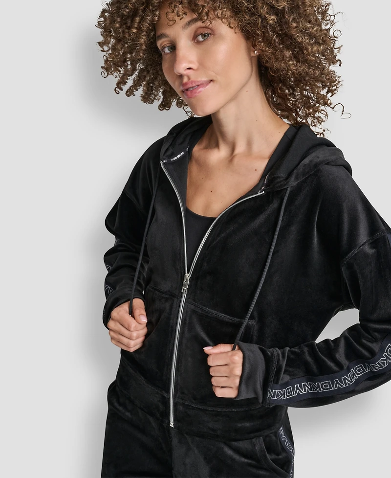 Dkny Women's Metallic Logo Elastic Full Zip Hoodie