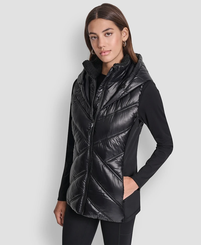 Dkny Women's Contrast Collar Hooded Puffer Vest