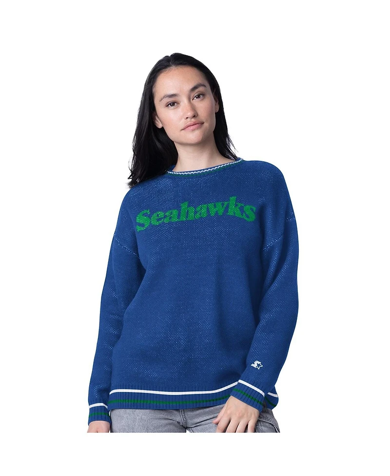Starter Women's  Royal Seattle Seahawks Oversized On the Ball Intarsia Knit Pullover Sweater