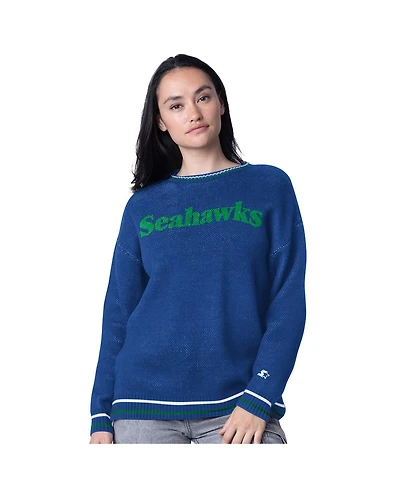 Starter Women's  Royal Seattle Seahawks Oversized On the Ball Intarsia Knit Pullover Sweater