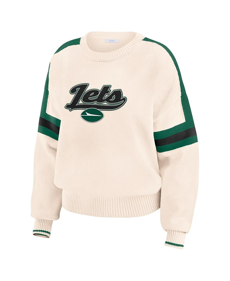 Wear by Erin Andrews Women's Cream New York Jets Stripe Pullover Sweater