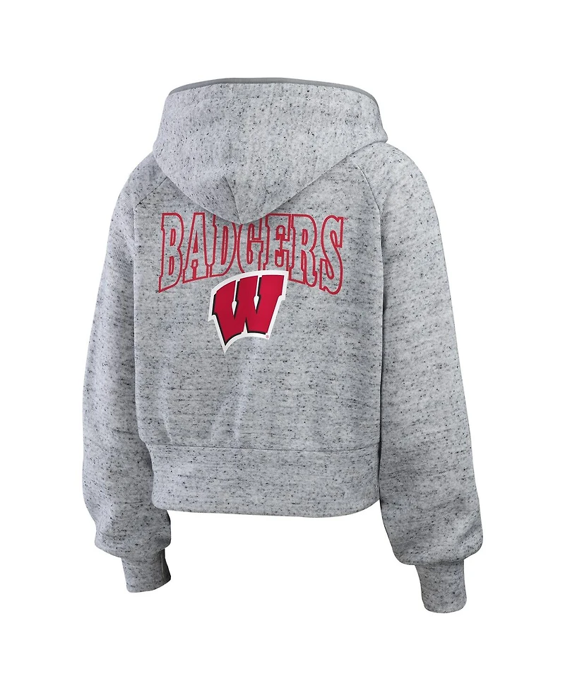 Wear by Erin Andrews Women'sHeather Gray Wisconsin Badgers Speckle Double-Hit Raglan Full-Zip Hoodie