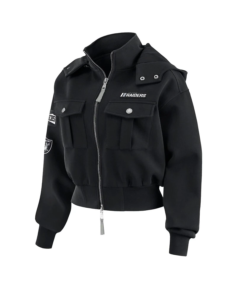Wear by Erin Andrews Women's Black Las Vegas Raiders Patch Pocket Cropped Full-Zip Bomber Jacket