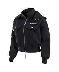 Wear by Erin Andrews Women's Black Las Vegas Raiders Patch Pocket Cropped Full-Zip Bomber Jacket