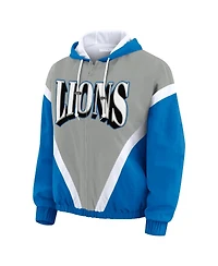 Wear by Erin Andrews Women's Blue/Silver Detroit Lions Retro Crinkle Full-Zip Hoodie Windbreaker Jacket