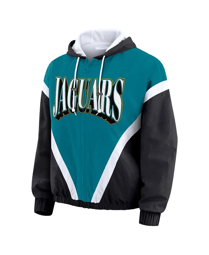 Wear by Erin Andrews Women's Teal/Black Jacksonville Jaguars Retro Crinkle Full-Zip Hoodie Windbreaker Jacket