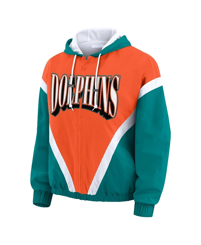 Wear by Erin Andrews Women's Orange/Aqua Miami Dolphins Retro Crinkle Full-Zip Hoodie Windbreaker Jacket