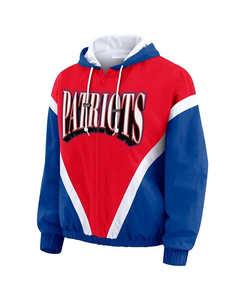 Wear by Erin Andrews Women's Red/Navy New England Patriots Retro Crinkle Full-Zip Hoodie Windbreaker Jacket