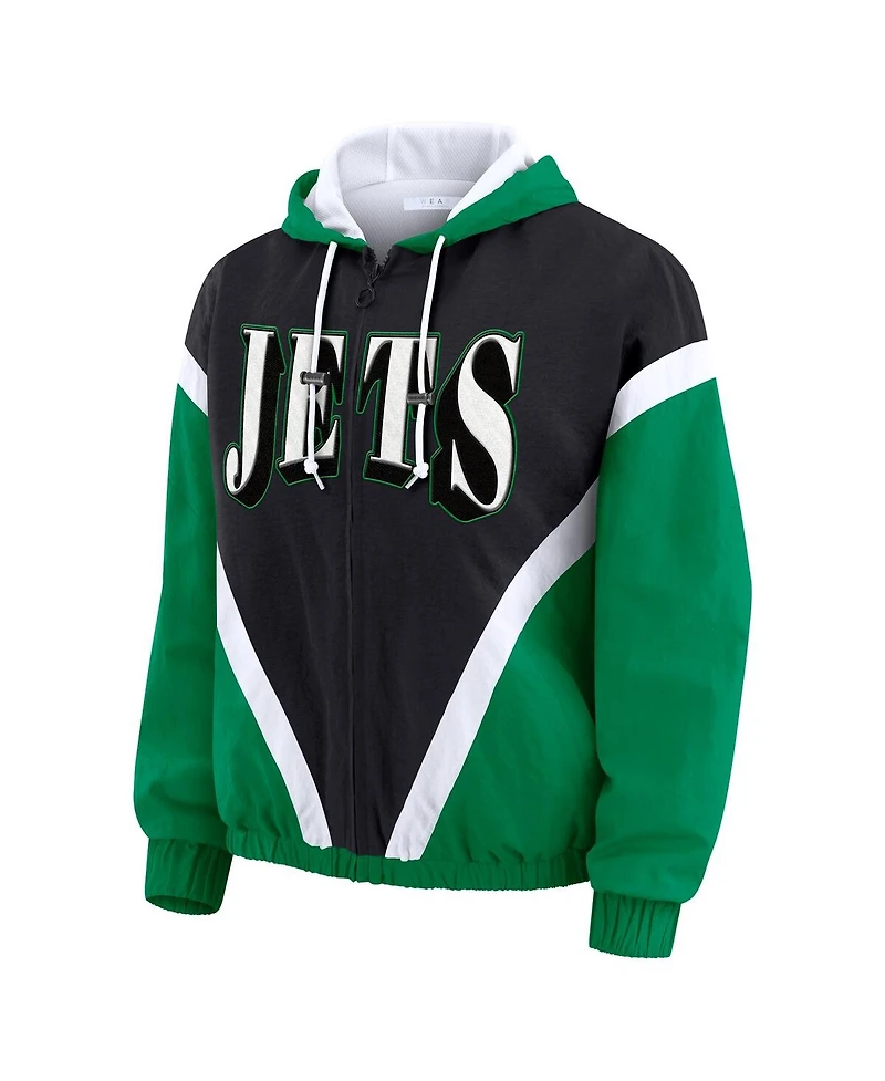 Wear by Erin Andrews Women's Kelly Green/Black New York Jets Retro Crinkle Full-Zip Hoodie Windbreaker Jacket