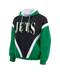 Wear by Erin Andrews Women's Kelly Green/Black New York Jets Retro Crinkle Full-Zip Hoodie Windbreaker Jacket