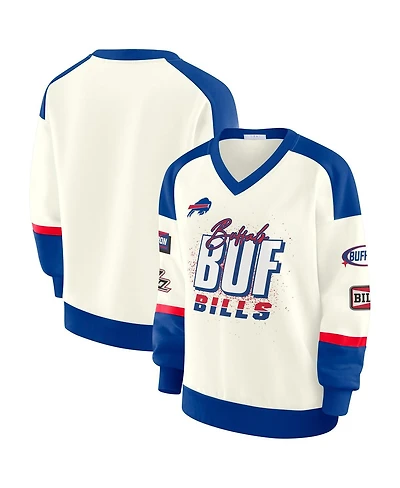 Wear by Erin Andrews Women's Cream Buffalo Bills Racing Crew V-Neck Sweatshirt