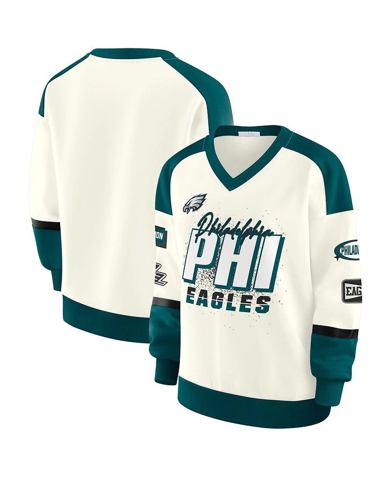 Wear by Erin Andrews Women's Cream Philadelphia Eagles Racing Crew V-Neck Sweatshirt