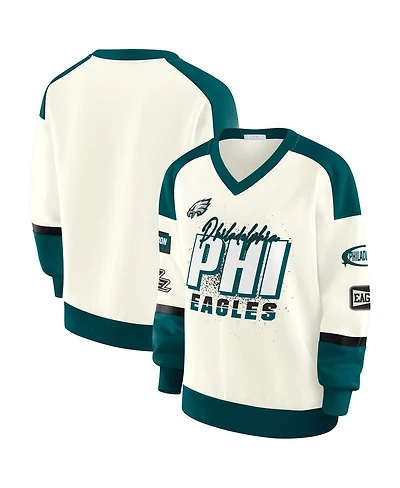 Wear by Erin Andrews Women's Cream Philadelphia Eagles Racing Crew V-Neck Sweatshirt