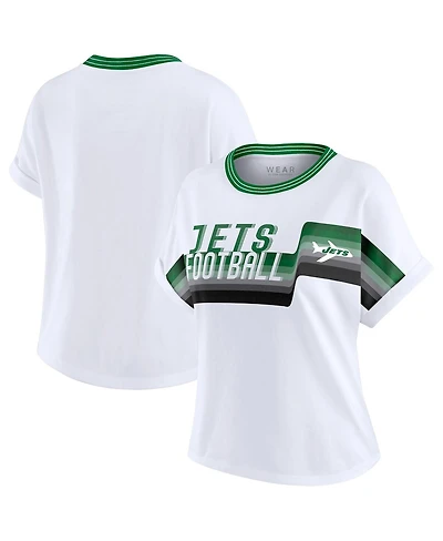 Wear by Erin Andrews Women's White New York Jets Cropped Center Stripe Dolman T-Shirt