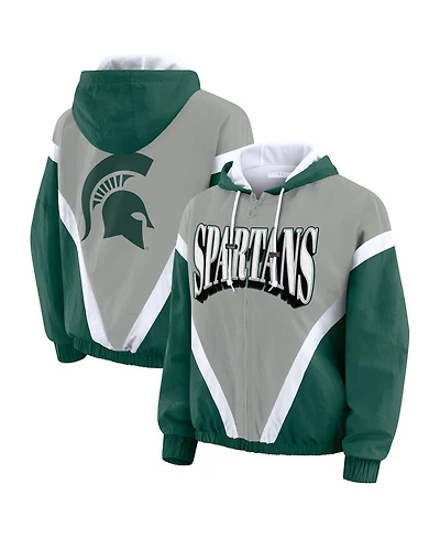 Wear by Erin Andrews Women'sGreen/Gray Michigan State Spartans Color Block Full-Zip Hoodie Windbreaker Jacket