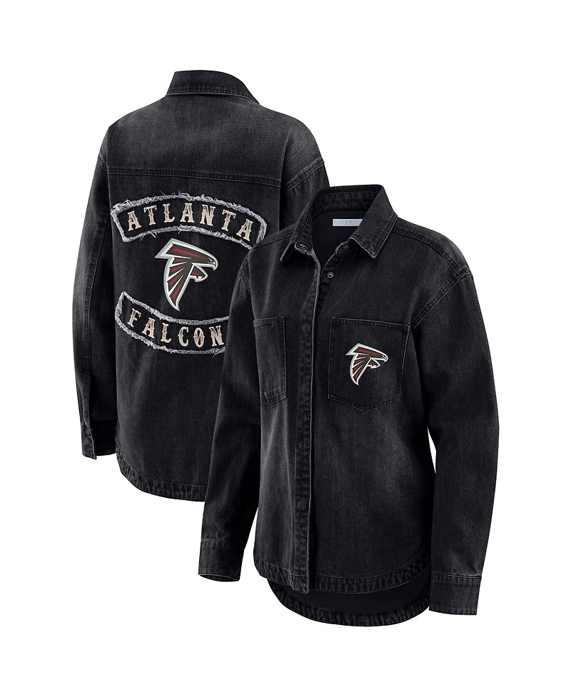 Wear by Erin Andrews Women's Black Atlanta Falcons Washed Oversized Denim Full-Snap Shacket