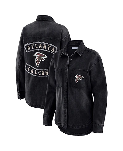 Wear by Erin Andrews Women's Black Atlanta Falcons Washed Oversized Denim Full-Snap Shacket