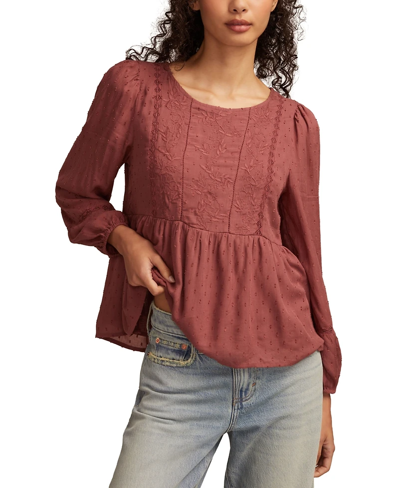 Lucky Brand Women's Novelty Long Sleeve Peplum Top