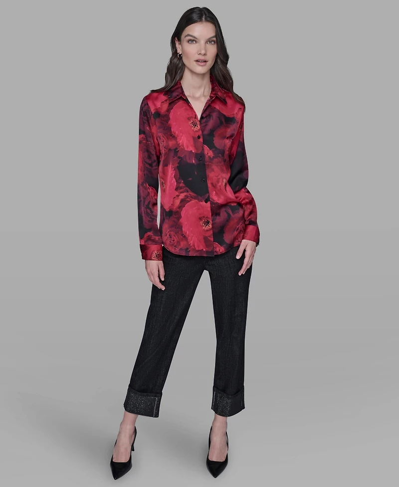 Karl Lagerfeld Paris Women's Floral Print Long Sleeve Top