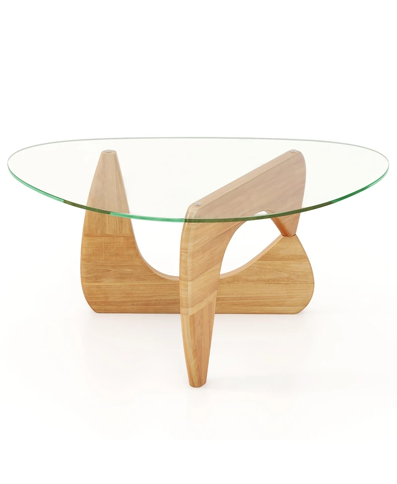 Gymax Triangle Coffee Table w/ Tempered Glass Top & Adjustable Rubber Wood Base