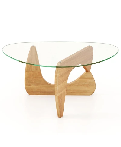 Gymax Triangle Coffee Table w/ Tempered Glass Top & Adjustable Rubber Wood Base