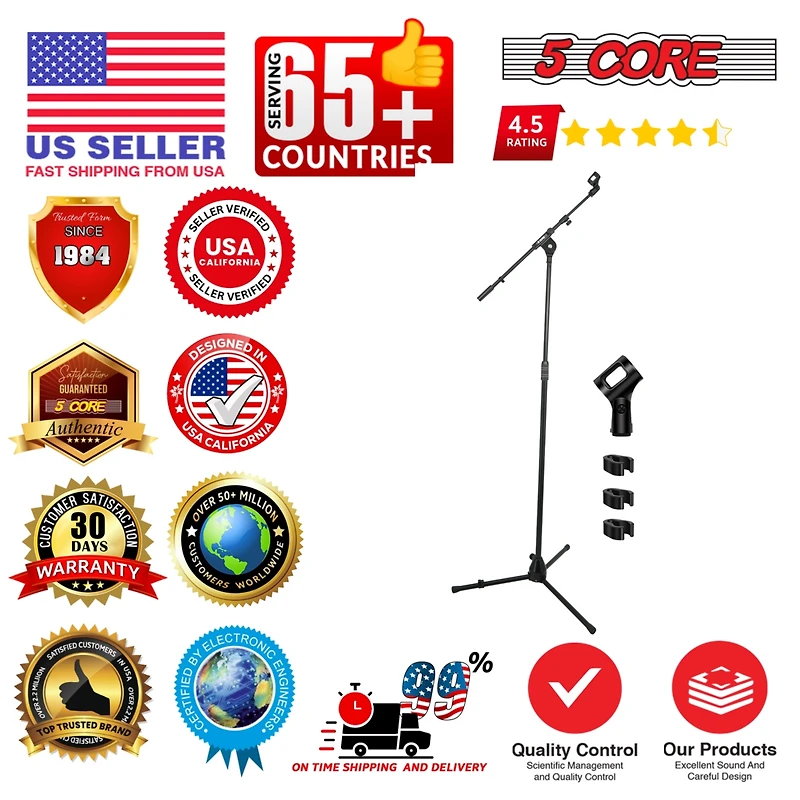 5 Core Microphone Stand Floor Height Adjustable w Extending Telescoping Boom Arm