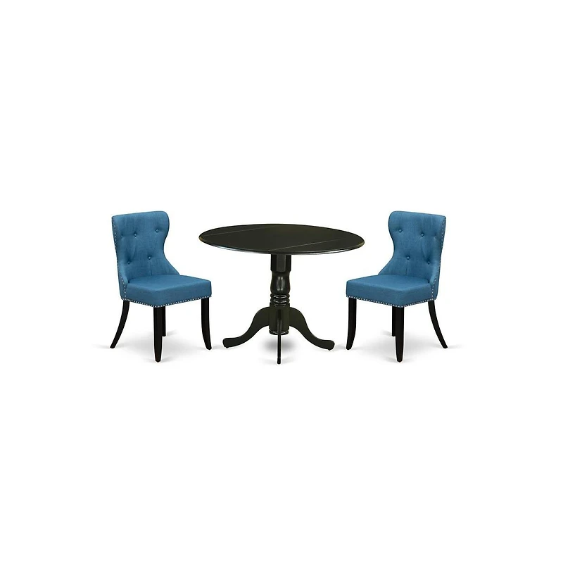 East West Furniture Dining room table set of two amazing indoor dining chairs with Linen Fabric Mineral Blue color and a fantastic wood pedestal kitch